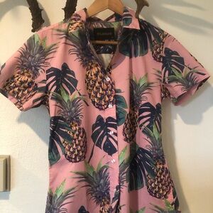 Wildfang Pink Tropical Button-Up Shirt with Teal Leaves